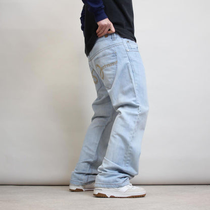 Blue Y2K skate jeans W38L32 loose Dodeca 90s style embroidered design jeans