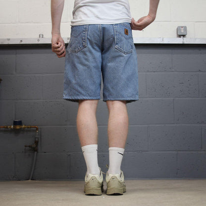 Carhartt denim shorts y2k faded blue Loose fleece lined skater style work jorts