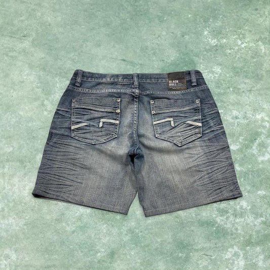 Y2k embroidered denim shorts blue W33 Black Bull summer festival jorts stitch detail