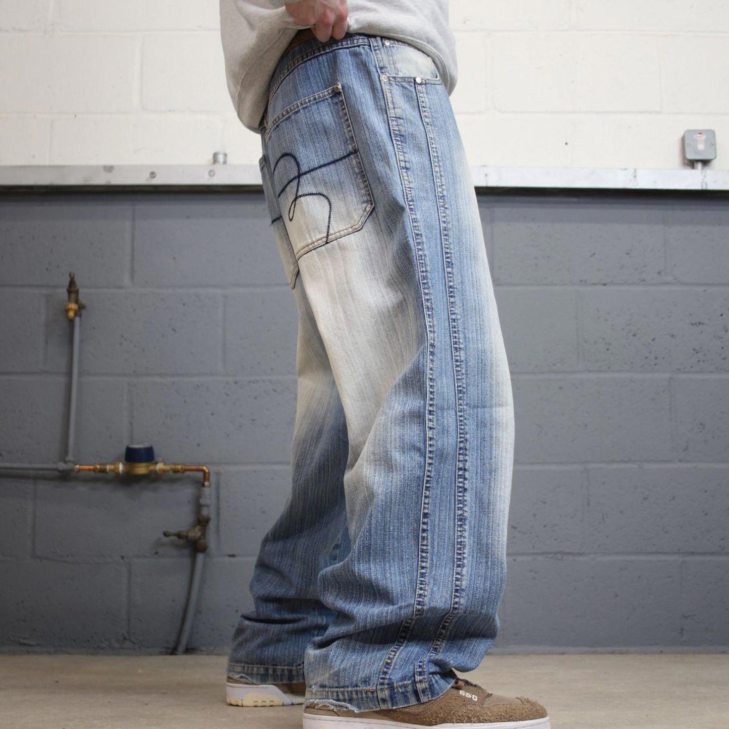Y2K baggy embroidered jeans wide leg blue Knobetta loose fit denim skater style pants