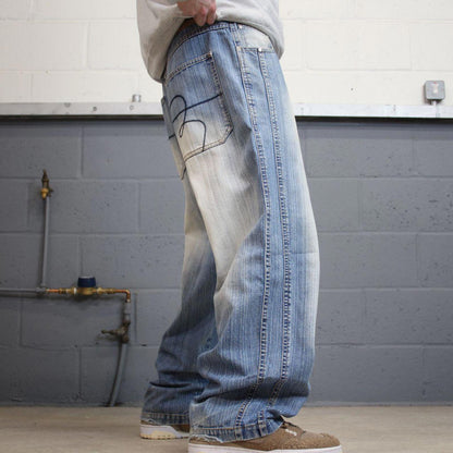 Y2K baggy embroidered jeans wide leg blue Knobetta loose fit denim skater style pants