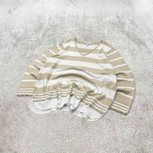 00s Calvin Klein sweater jumper embroidered XL women's cream striped v neck pull over y2k style