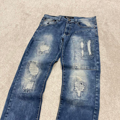 Y2k 00s embroidered Rocawear jeans W32L32 skinny blue denim stitch distressed skate style hip hop