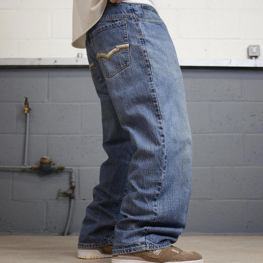 Baggy Blue Culture Jeans W34 L30 wide leg embroidered design 90s style skater jeans