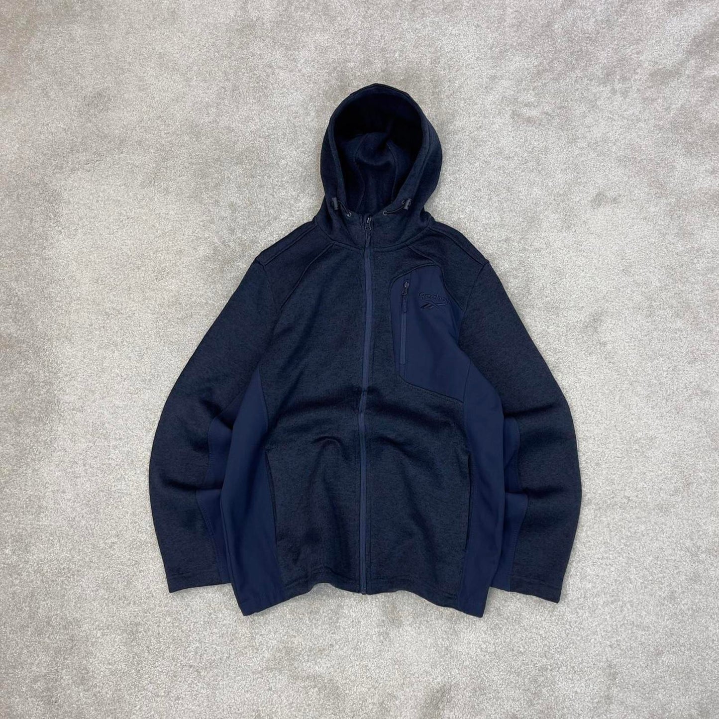 Navy Reebok technical fleece Large y2k style hooded full zip embroidered logo hoodie