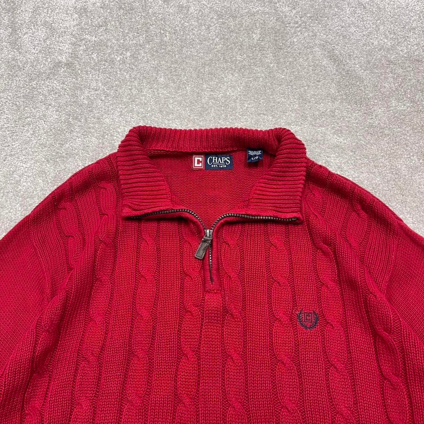 Y2K CHAPS 1/4 zip knit sweater jumper red Embroidered logo chunky cable knitted pullover