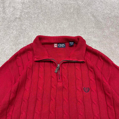 Y2K CHAPS 1/4 zip knit sweater jumper red Embroidered logo chunky cable knitted pullover