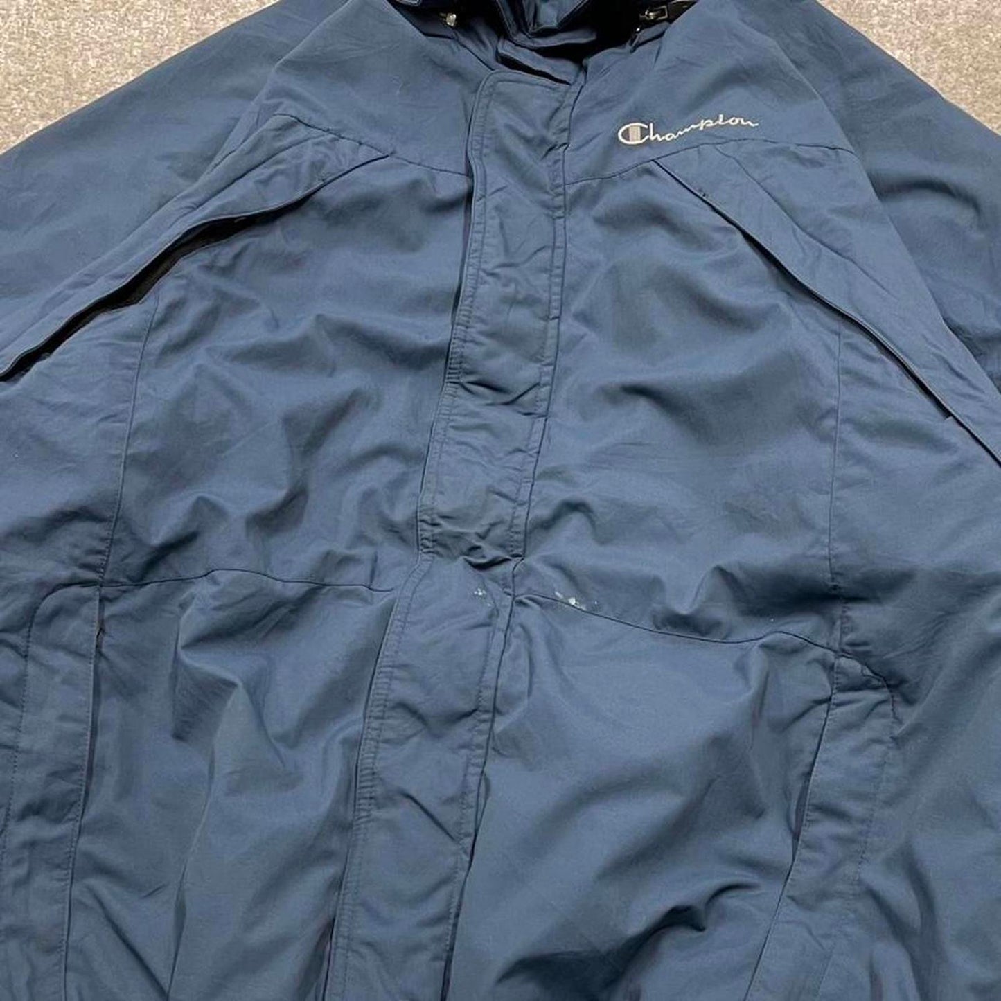 Y2K Champion technical windbreaker jacket blue Padded fleece lined thick embroidered hooded coat