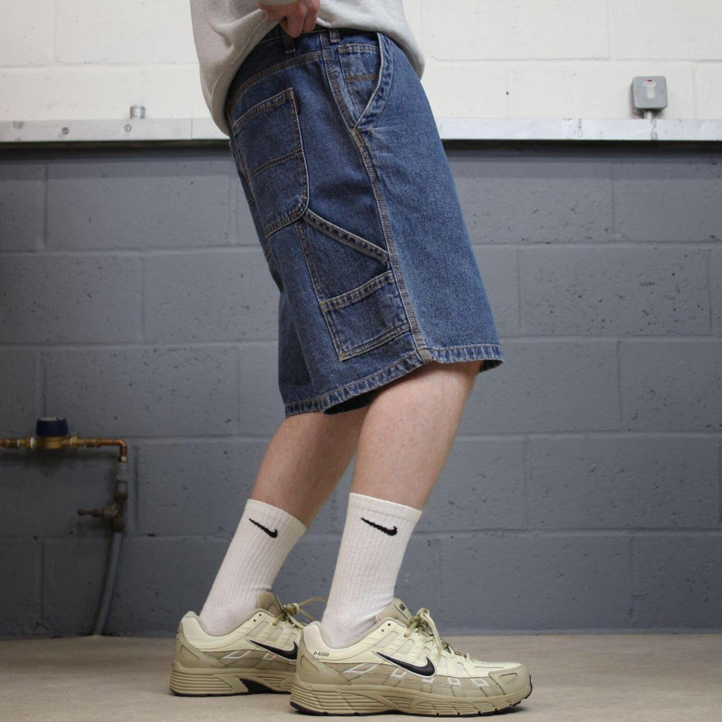 Baggy denim carpenter shorts cargo blue Wolverine skater style surf jorts