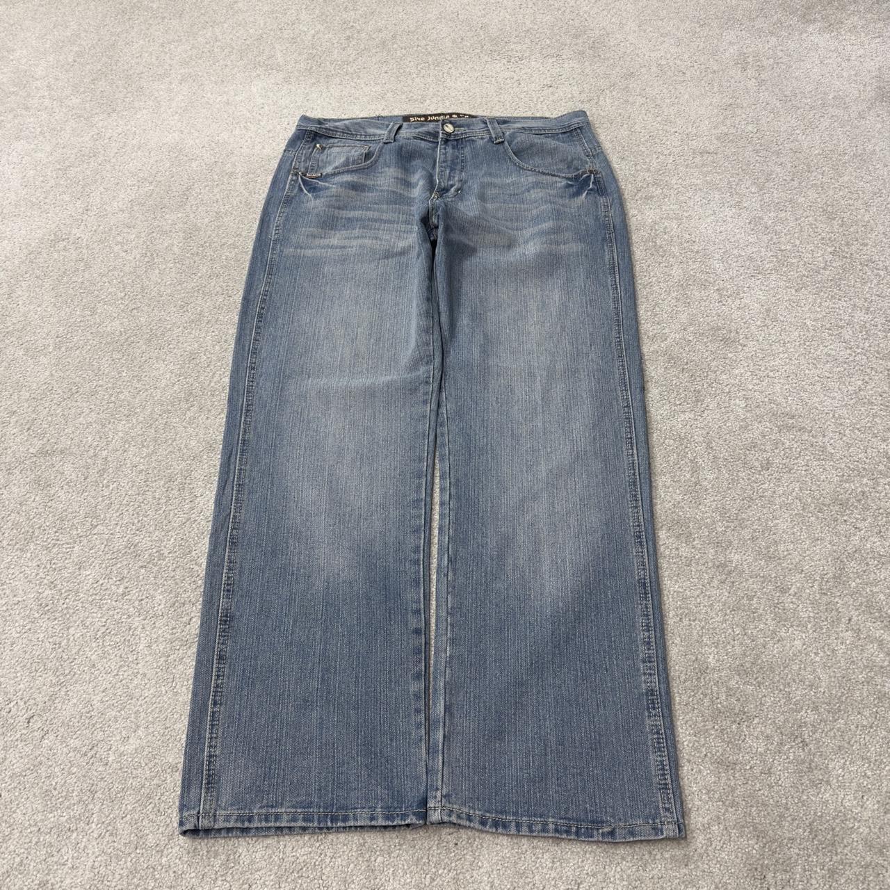 5ive Jungle Y2K embroidered jeans W38L32 blue 90s hip hop style jeans big stitch design 5 pocket