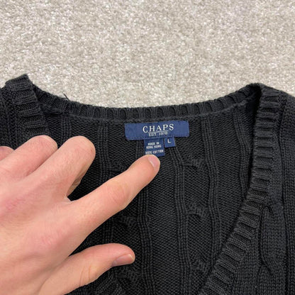 Y2K CHAPS cable knit sweater jumper black Embroidered logo v neck knitted pullover
