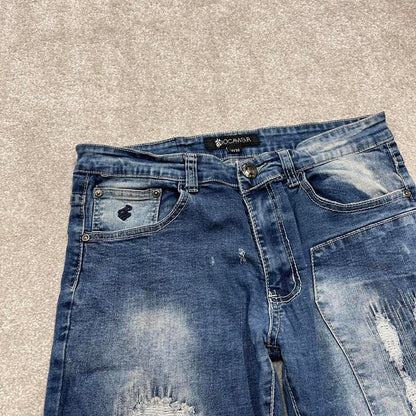 Y2k 00s embroidered Rocawear jeans W32L32 skinny blue denim stitch distressed skate style hip hop