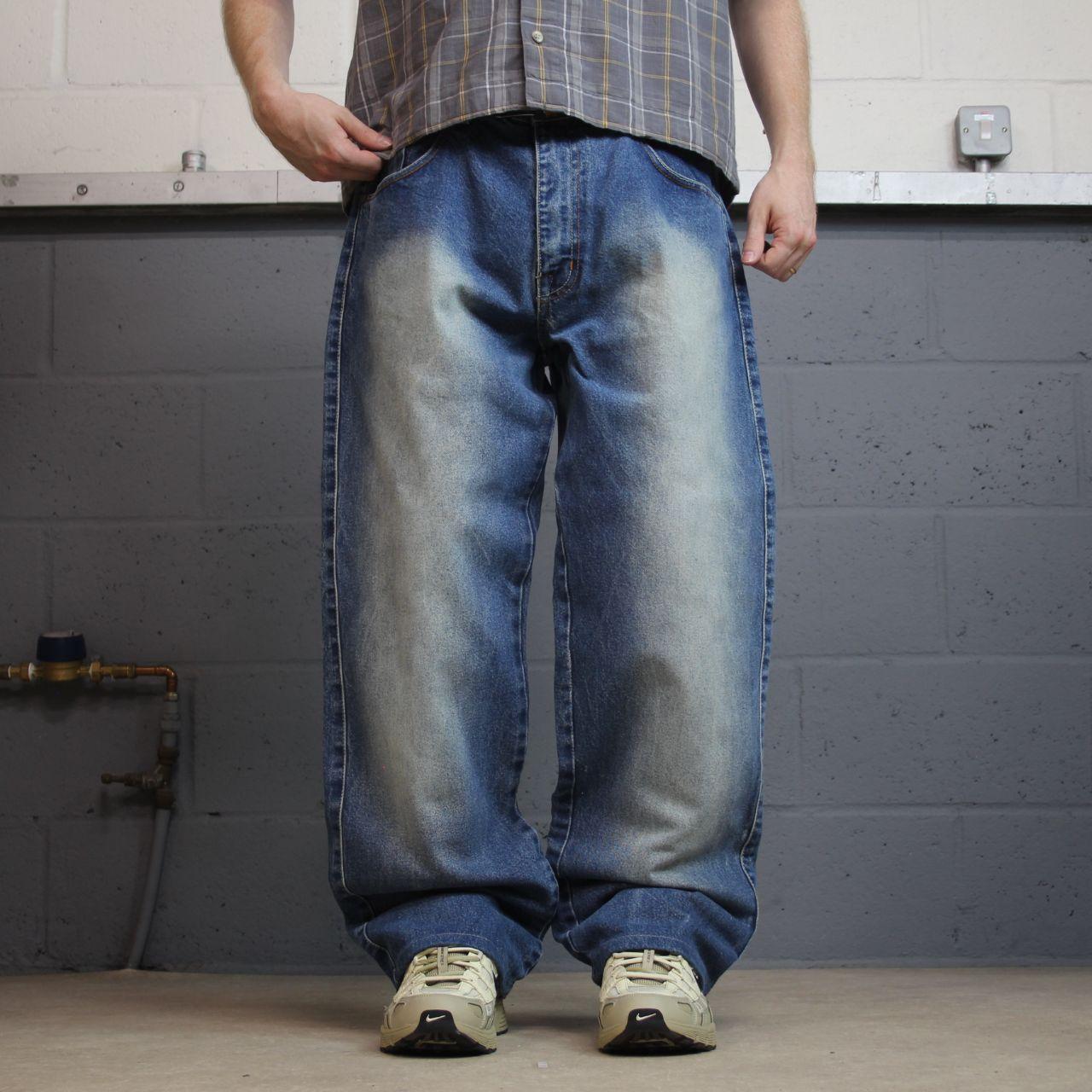 Y2K baggy jeans washed blue denim W36L31 Qruel wide leg surf style pants