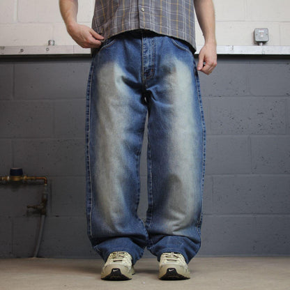 Y2K baggy jeans washed blue denim W36L31 Qruel wide leg surf style pants