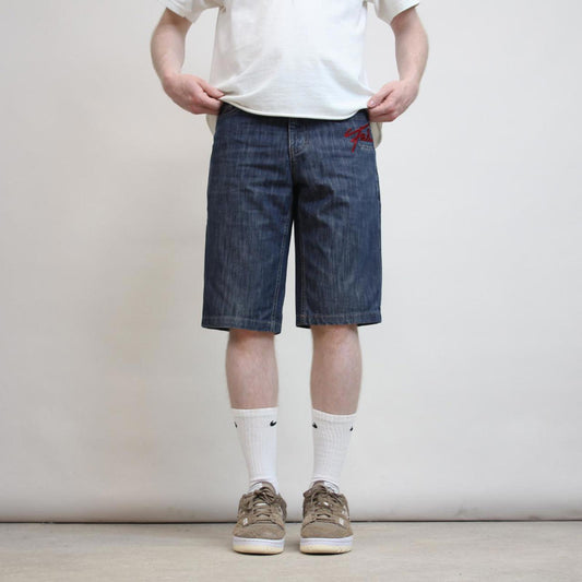 Mens embroidered FUBU denim shorts W30 Y2K print design hip hop jorts
