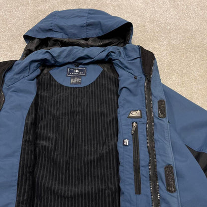 Y2K Champion technical windbreaker jacket blue Zip pockets adjustable waist embroidered hooded coat