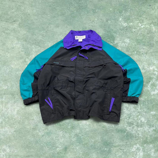 Vintage y2k Columbia technical windbreaker jacket black Zip pockets patch logo block colour coat
