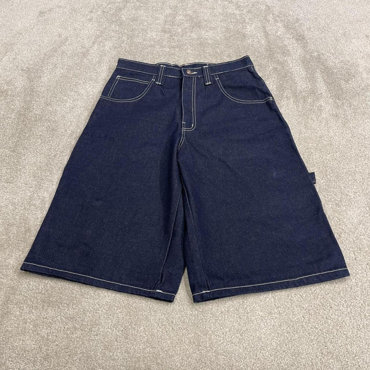 Baggy denim carpenter shorts y2k navy blue Thick denim cargo festival shorts with FUBU details