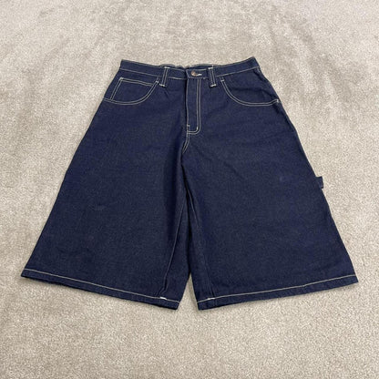 Baggy denim carpenter shorts y2k navy blue Thick denim cargo festival shorts with FUBU details
