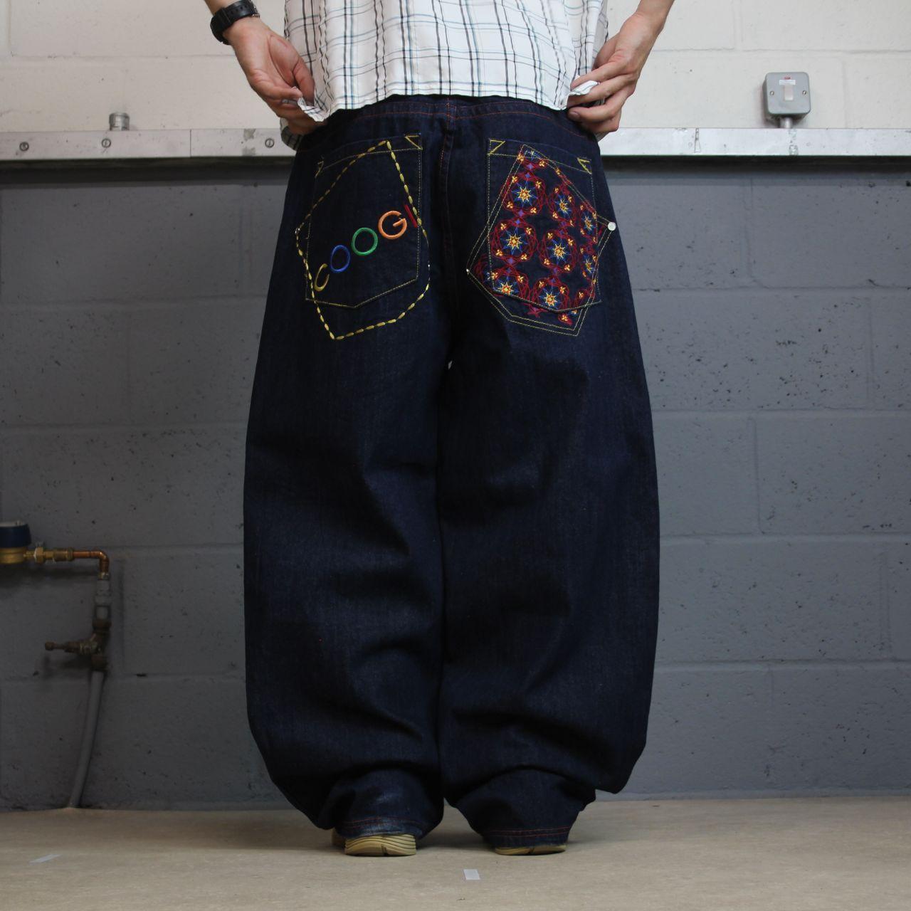 Baggy COOGI embroidered jeans y2k W40L33 navy blue embroidered pattern wide leg skater pants