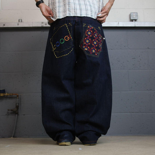 Baggy COOGI embroidered jeans y2k W40L33 navy blue embroidered pattern wide leg skater pants
