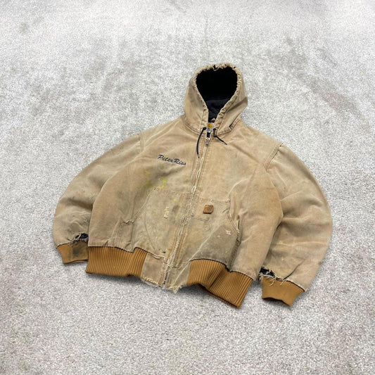 Vintage Carhartt hooded active jacket XL tan brown canvas 90s style skater bomber workwear