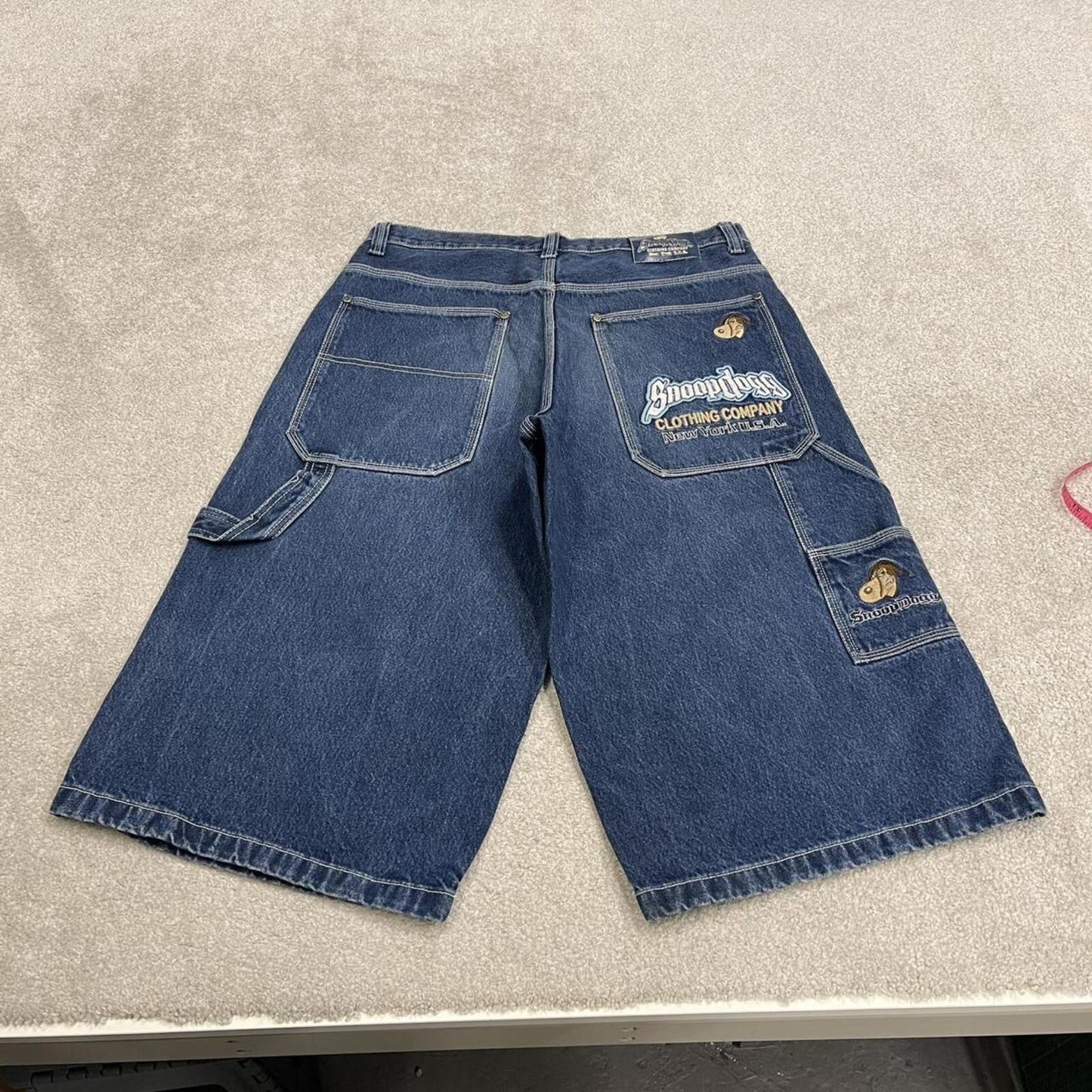 Extra baggy embroidered denim shorts blue Snoop Dogg long hip-hop skater carpenter  jorts