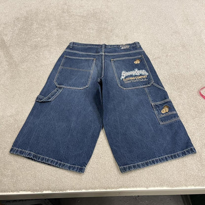 Extra baggy embroidered denim shorts blue Snoop Dogg long hip-hop skater carpenter  jorts