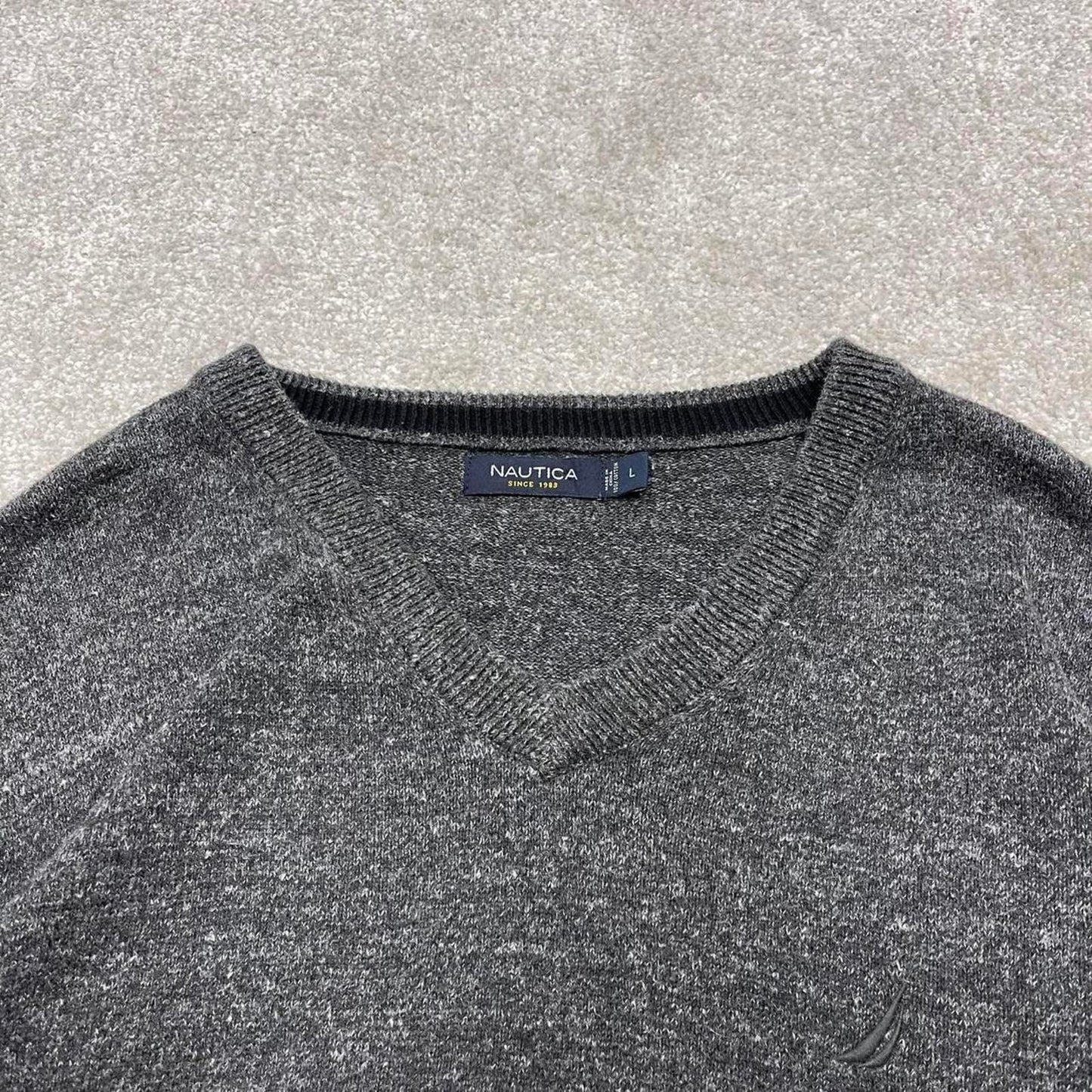 00s Nautica knit sweater jumper embroidered L men's grey knitted pull over y2k 90s style