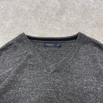 00s Nautica knit sweater jumper embroidered L men's grey knitted pull over y2k 90s style