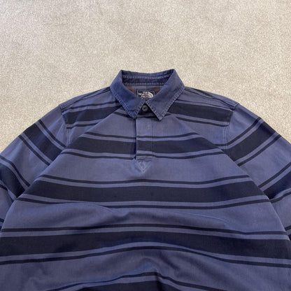 North Face striped rugby polo shirt long sleeve navy TNF button up pullover rugby style polo