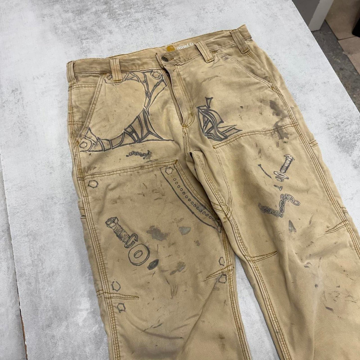 Mens Carhartt carpenter pants W32 L32 tan relaxed cargo skater trousers