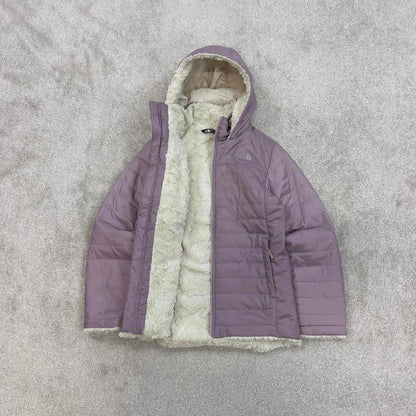 Lilac North Face quilted jacket Girls large TNF sherpa lined hooded coat y2k style zip pockets