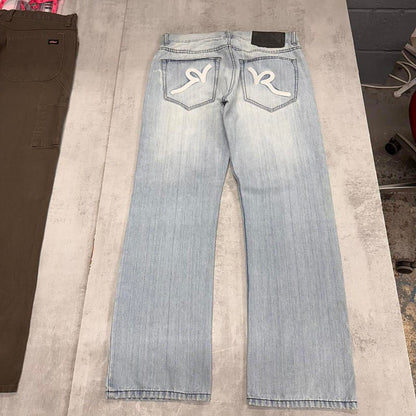 Mens Rocawear jeans W34 L32 loose blue y2k embroidered design jeans