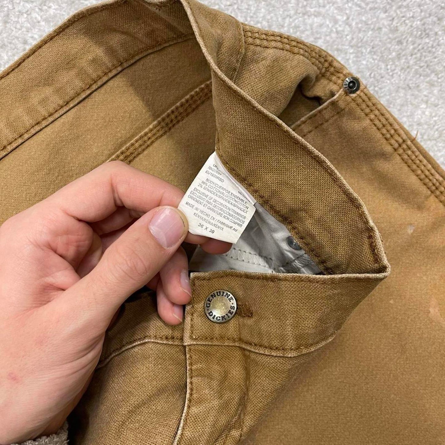 Tan Dickies carpenter jeans W36L30 loose canvas cargo 90s skate style pants patch logo