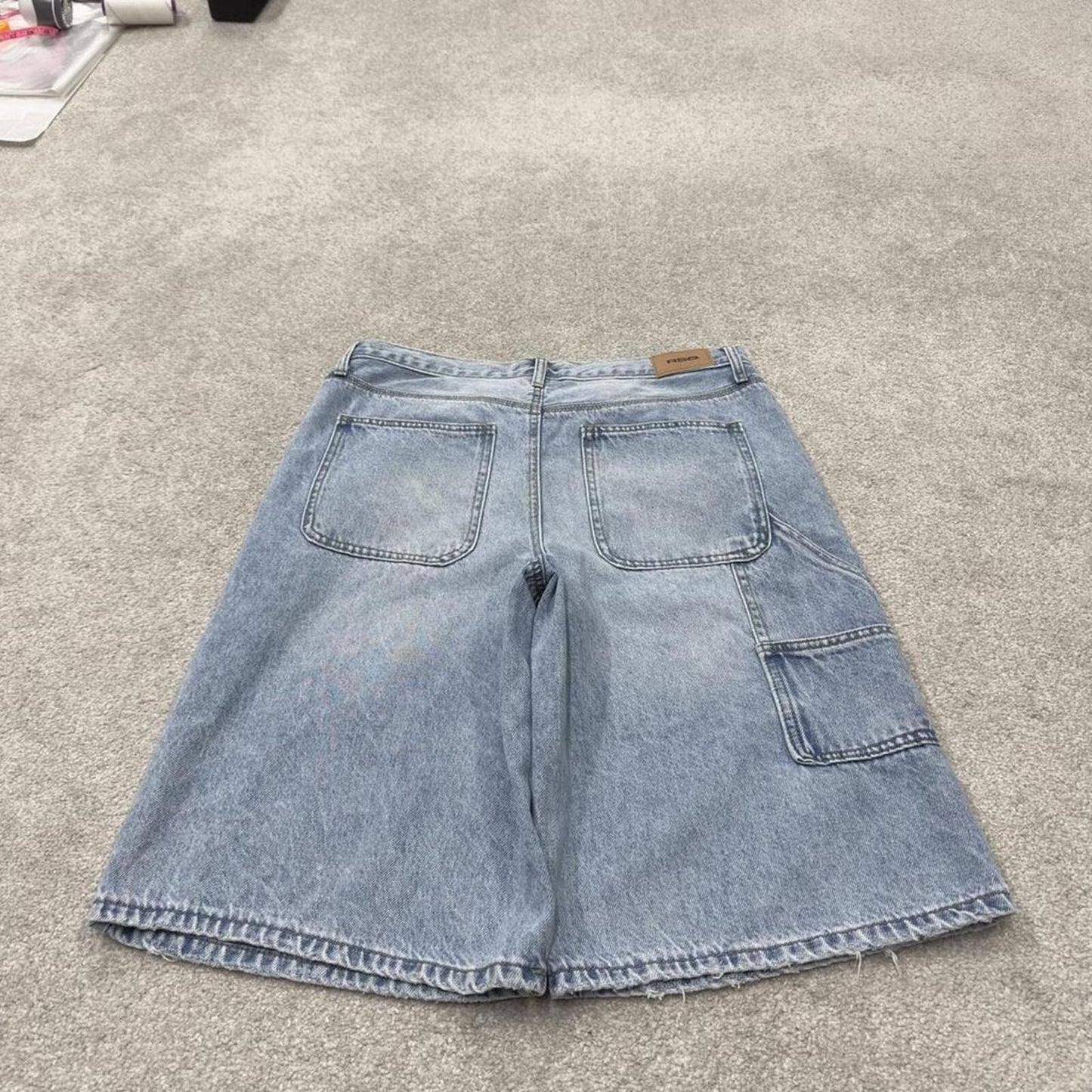 Denim carpenter shorts cargo loose long blue RSQ low rise skater style surf jorts
