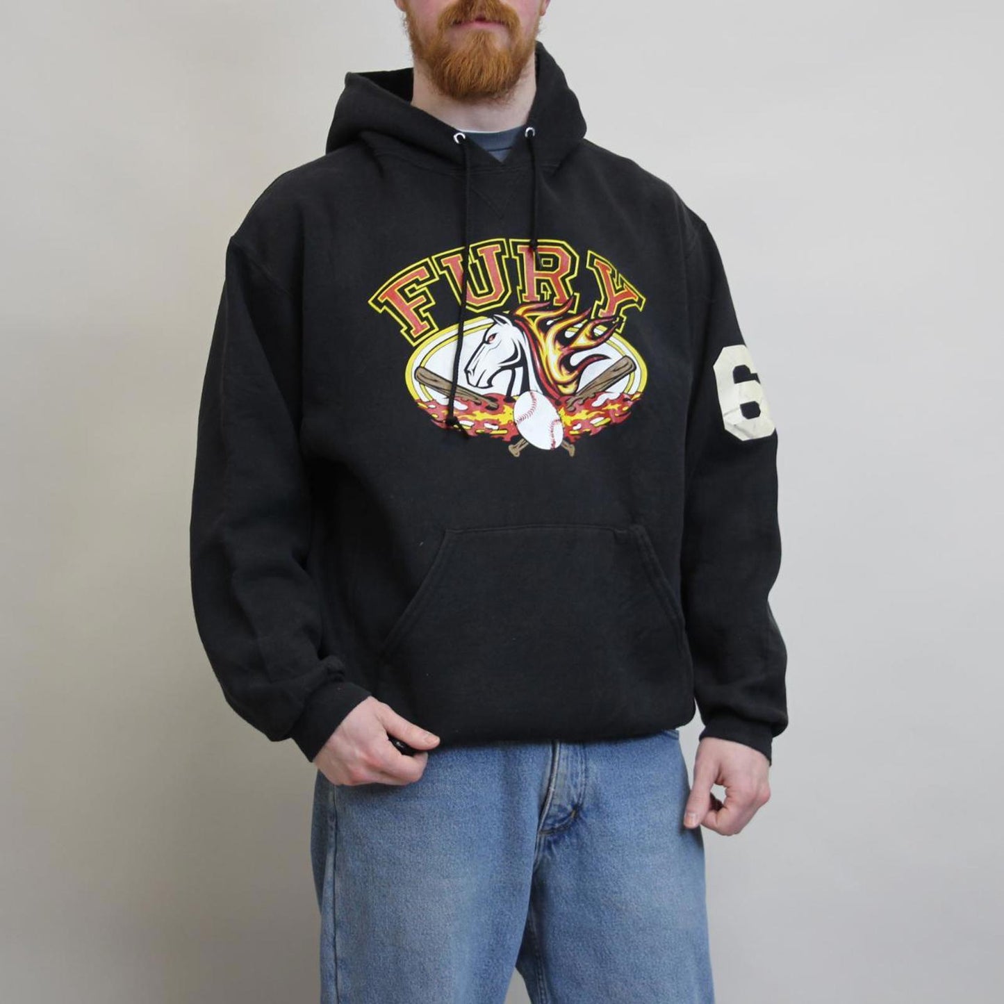 Black Russell Athletic hoodie Large Thick pullover jumper FURY baseball