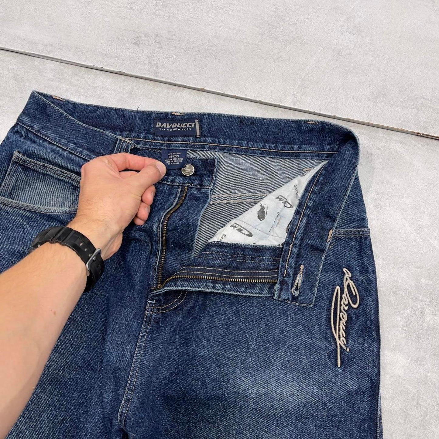 Baggy Davoucci jeans W34 L33 blue wide leg denim 90s style skater jeans
