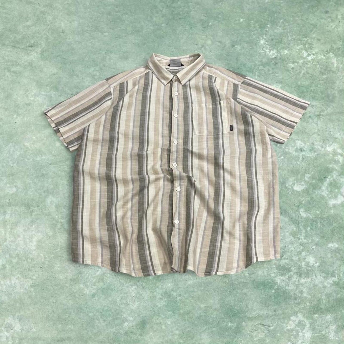 Columbia striped short sleeve shirt beige green Surf style stripey shirt summer festival