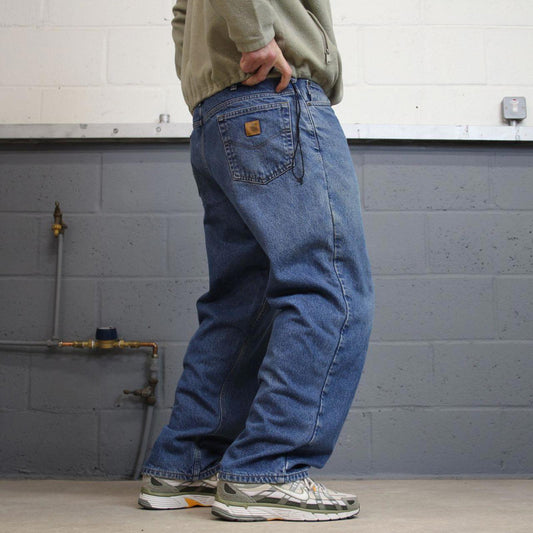 Vintage baggy Y2K Carhartt denim jeans blue Loose relaxed fit flannel lined skate style work pants