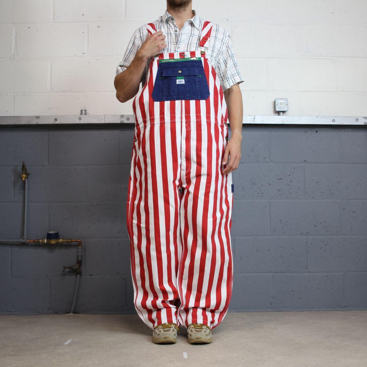 Vintage stripe baggy liberty dungarees 00s denim overalls red white USA perfect festival /skate wear