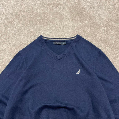 00s Nautica knit sweater jumper embroidered medium men's navy knitted pull over y2k 00s style