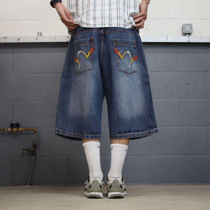 Baggy embroidered denim shorts blue 5ive Jungle wide leg skater style summer shorts