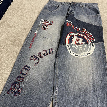 PACO extra baggy embroidered jeans y2k blue patchwork denim wide leg fit embroidered & printed