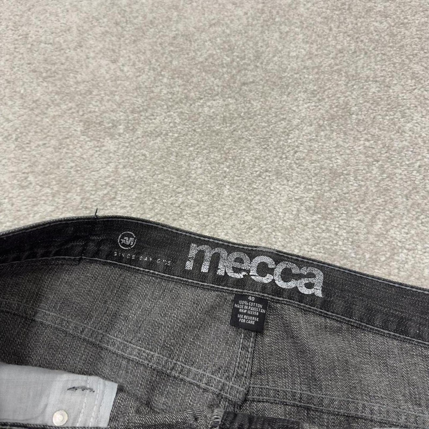Mecca embroidered baggy denim shorts Y2K black Loose long leg skater style streetwear jorts