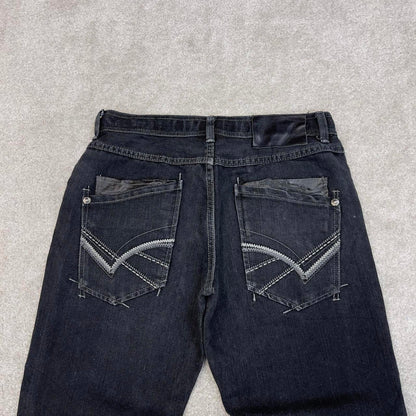 Black MMA Elite jeans W30L30 slim straight y2k 00s style jeans embroidered stitch detail