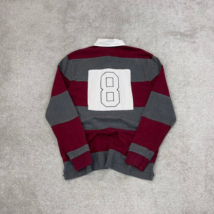 Burgundy grey Tommy Hilfiger vintage style rugby shirt Medium classic striped long sleeve polo loose