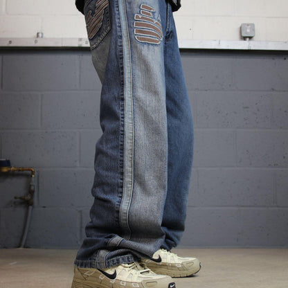 Y2K baggy embroidered jeans blue W36L33 Loose fit skater surf style pants