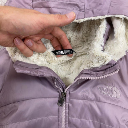 Lilac North Face quilted jacket Girls large TNF sherpa lined hooded coat y2k style zip pockets