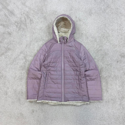 Lilac North Face quilted jacket Girls large TNF sherpa lined hooded coat y2k style zip pockets
